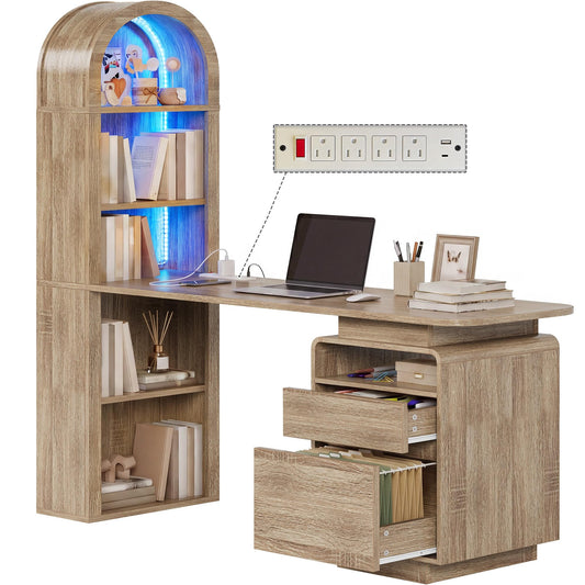 YITAHOME 59" Computer Desk with LED Lights & Power Outlets, Home Office Desk with Bookshelf, File Drawer & Storage Shelves, Gaming Desk with USB Ports, Modern Study Writing Table, Oak