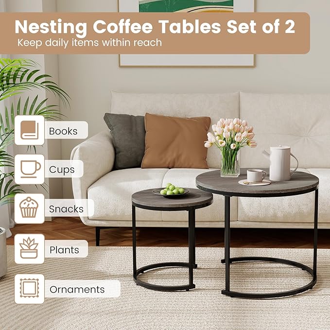 Giantex Nesting Coffee Table Set of 2, Round Stacking Side Tables