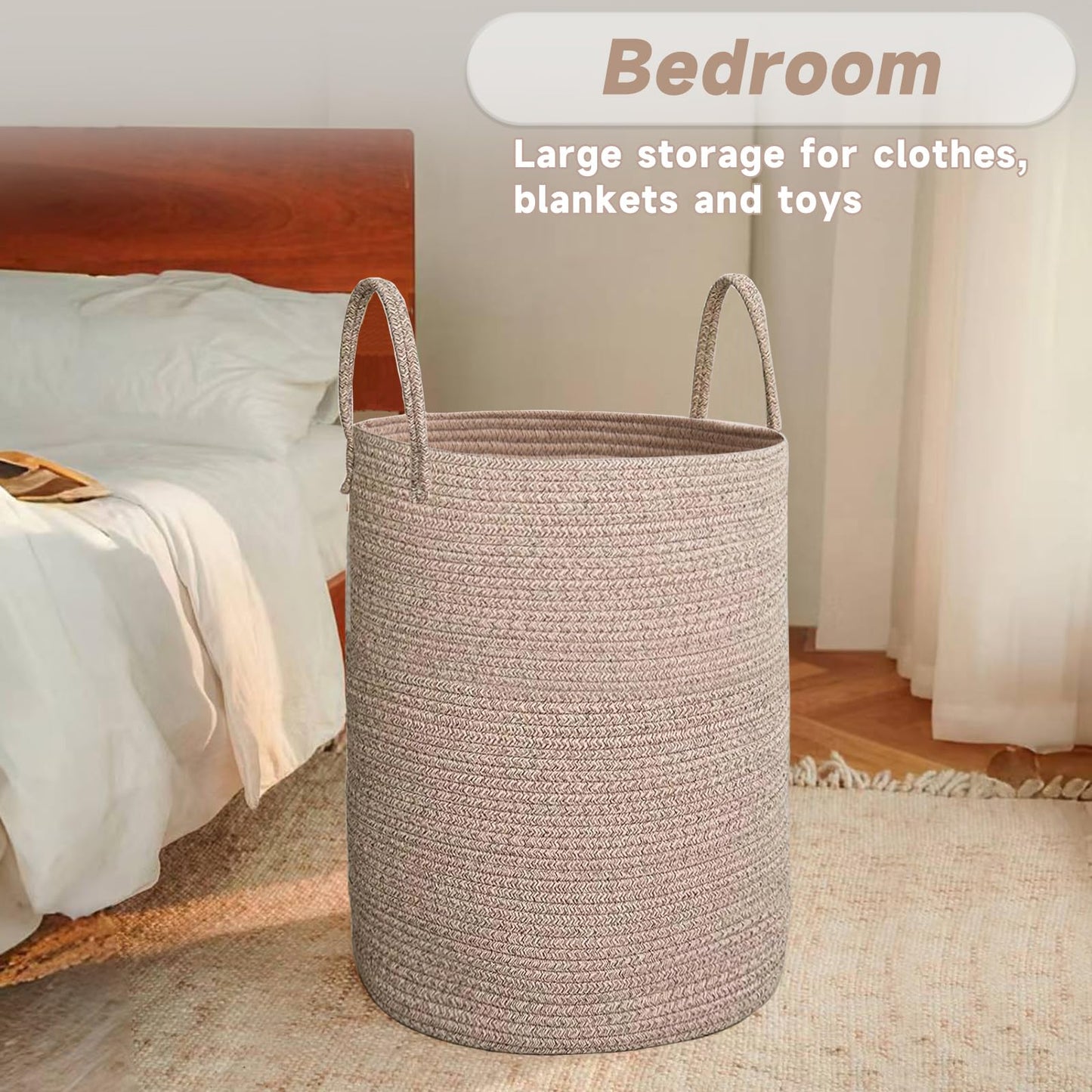 JMvicyroam Large Woven Laundry Basket Hamper,60L Cotton Rope Storage Bin for Blankets,Toys and Clothes,Decorative Tall Nursery Hamper for Living Room,Baby Nursery,Bathroom and Bedroom,Oatmeal