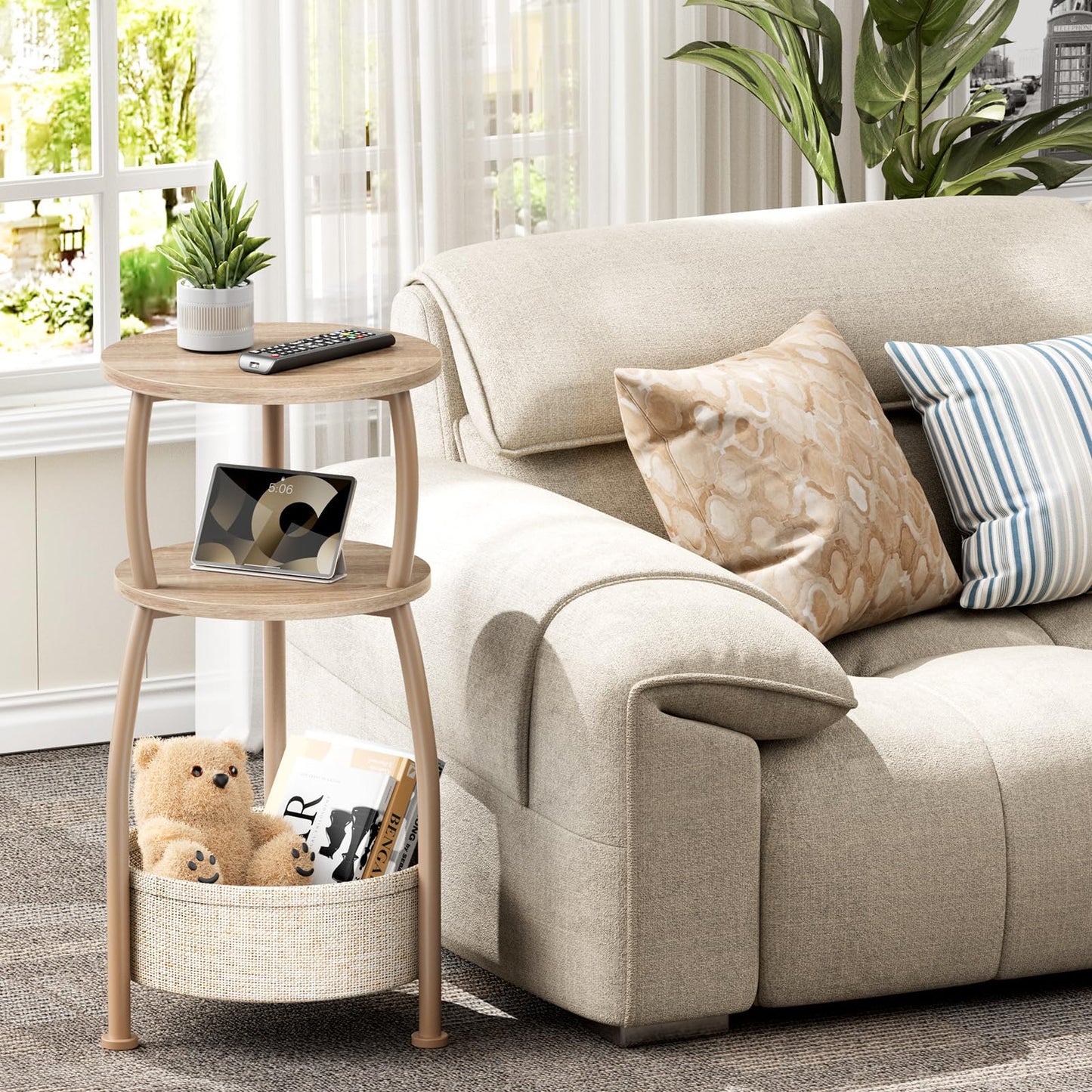 Yuede Small Side Table with Storage Basket, Space Saving Round End Table 3-Tier Bedside Corner Stand for Living Room, Bedroom, Garden and More 11.81in Light Oak