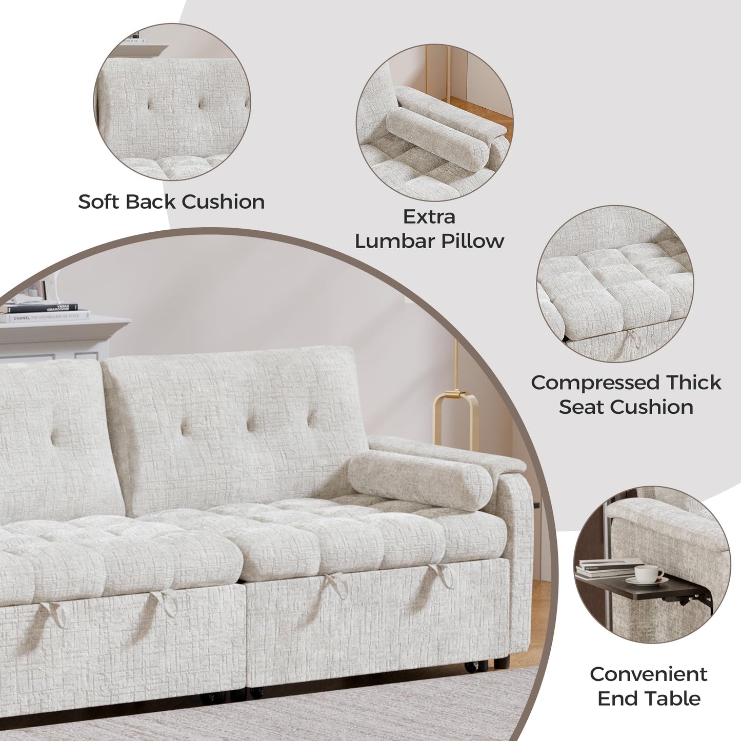 Trygoal Convertible Sleeper Sofa Bed, 86 Inch Chenille Pull Out Couch with Side Table & Adjustable Backrest, Sectional Sleeper Sofa with Pull Out Bed for Living Room, Apartment, Beige