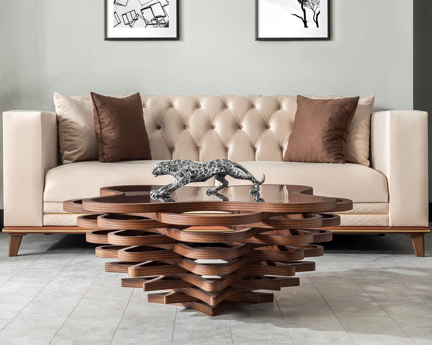 by Papella Design, Cloud Coffee Table, Modern Decorative Wooden Center Table, Glass Top Living Room & Reception Coffee Table, Natural Walnut Veneer, Rustic & Contemporary Style, for Home & Office