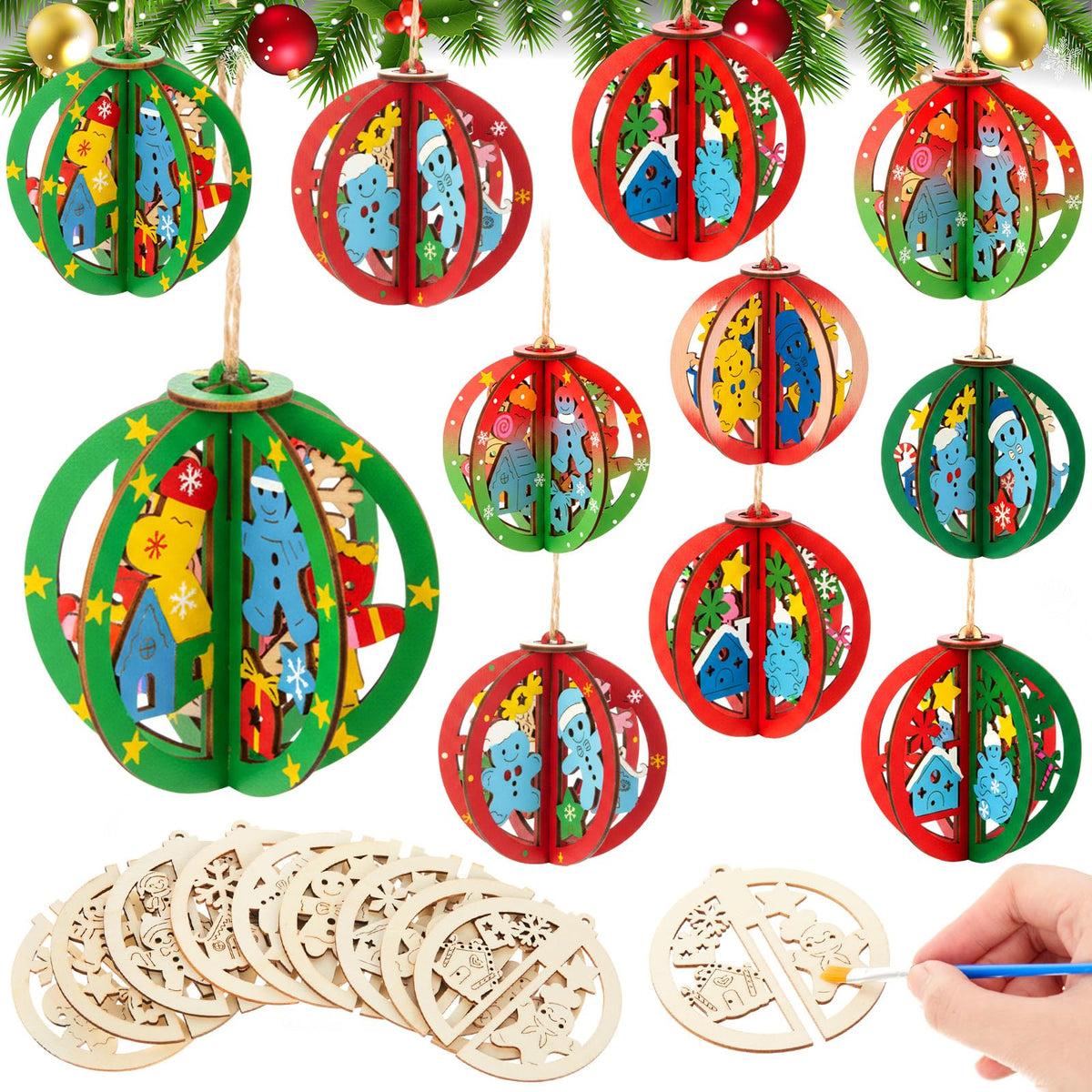Chunful 72 Pcs DIY Wooden Crafts to Paint Winter Gingerbread Ornaments 3D Unfinished Wood Cutouts Blank Hollow Wood Slice for Craft Projects, Party, Holiday Cookie Decorations