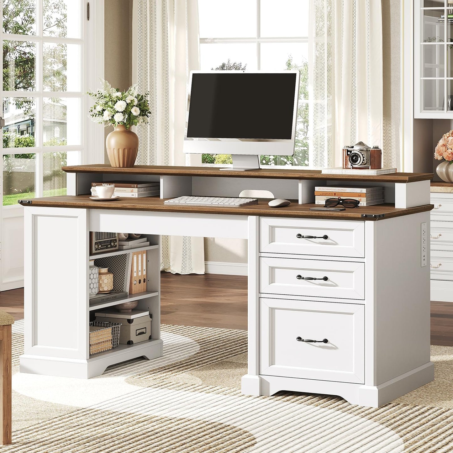 RALGEND 55'' Farmhouse Executive Desk with Drawers, Computer Desk with File Cabinet and Side Bookshelf, Writing Gaming Desk with Monitor Stand & Charging Station, White and Walnut