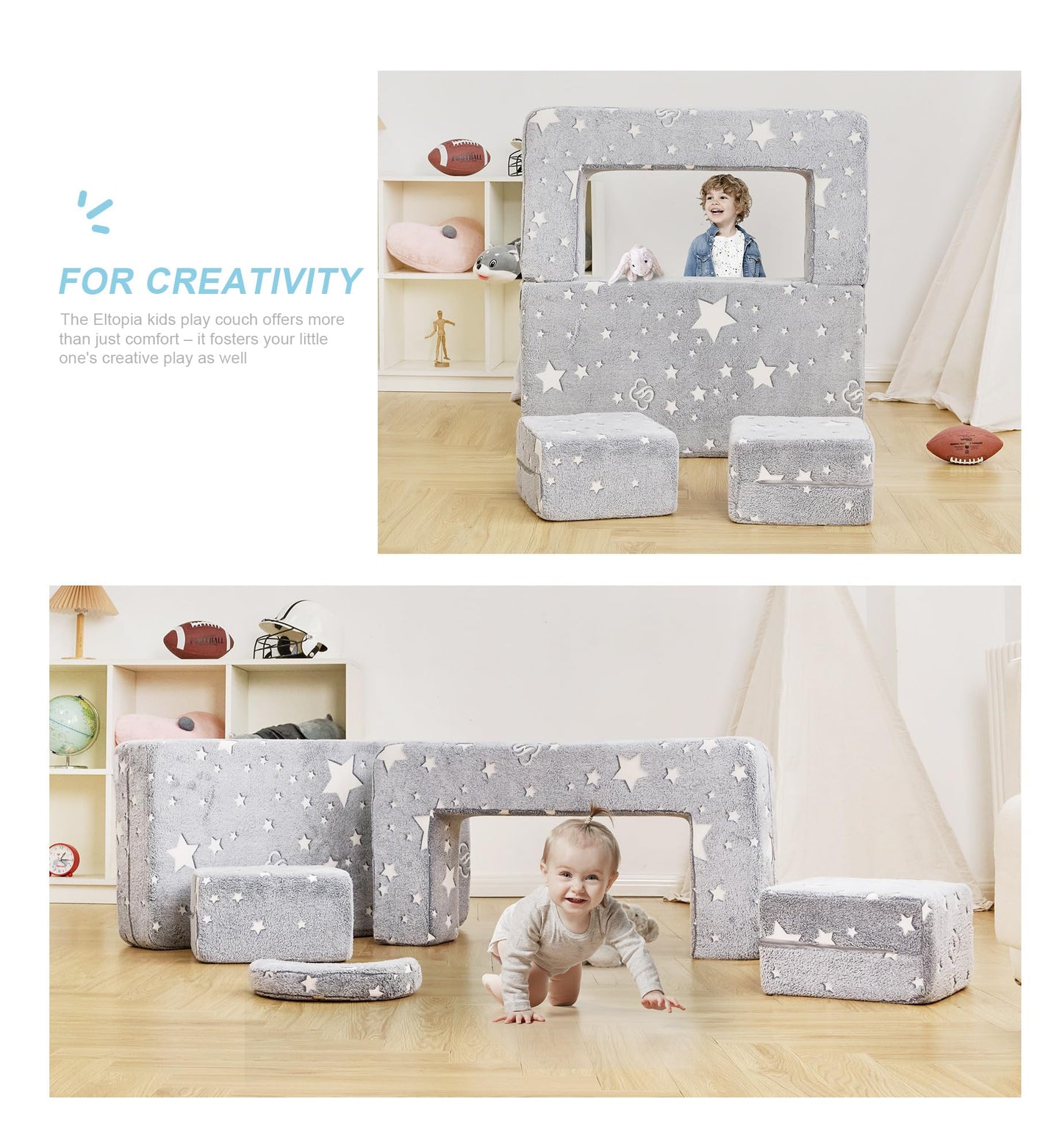 Elftopia Modular Kids Sofa, Glow in The Dark Star Plush Couch, Convertible Kids Play Set, Fold Out Sofa Bed(Stars)