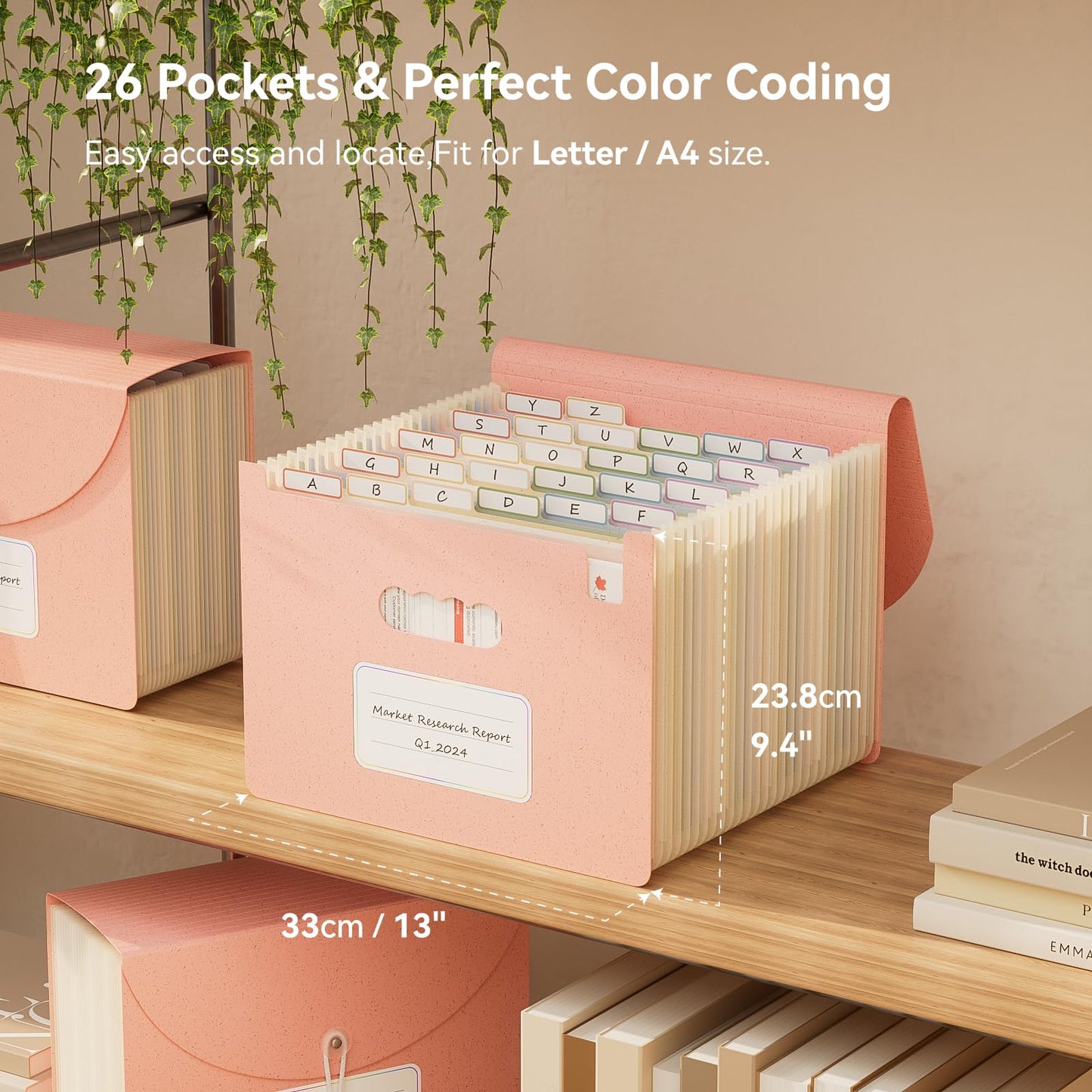 EcoStash Wheat Straw Accordion File Organizer, 26 Pockets Expanding File Folder, Monthly Bill Receipt Organizer with A-Z Tabs, BPA Free, Letter/A4 - Strawberry Pink