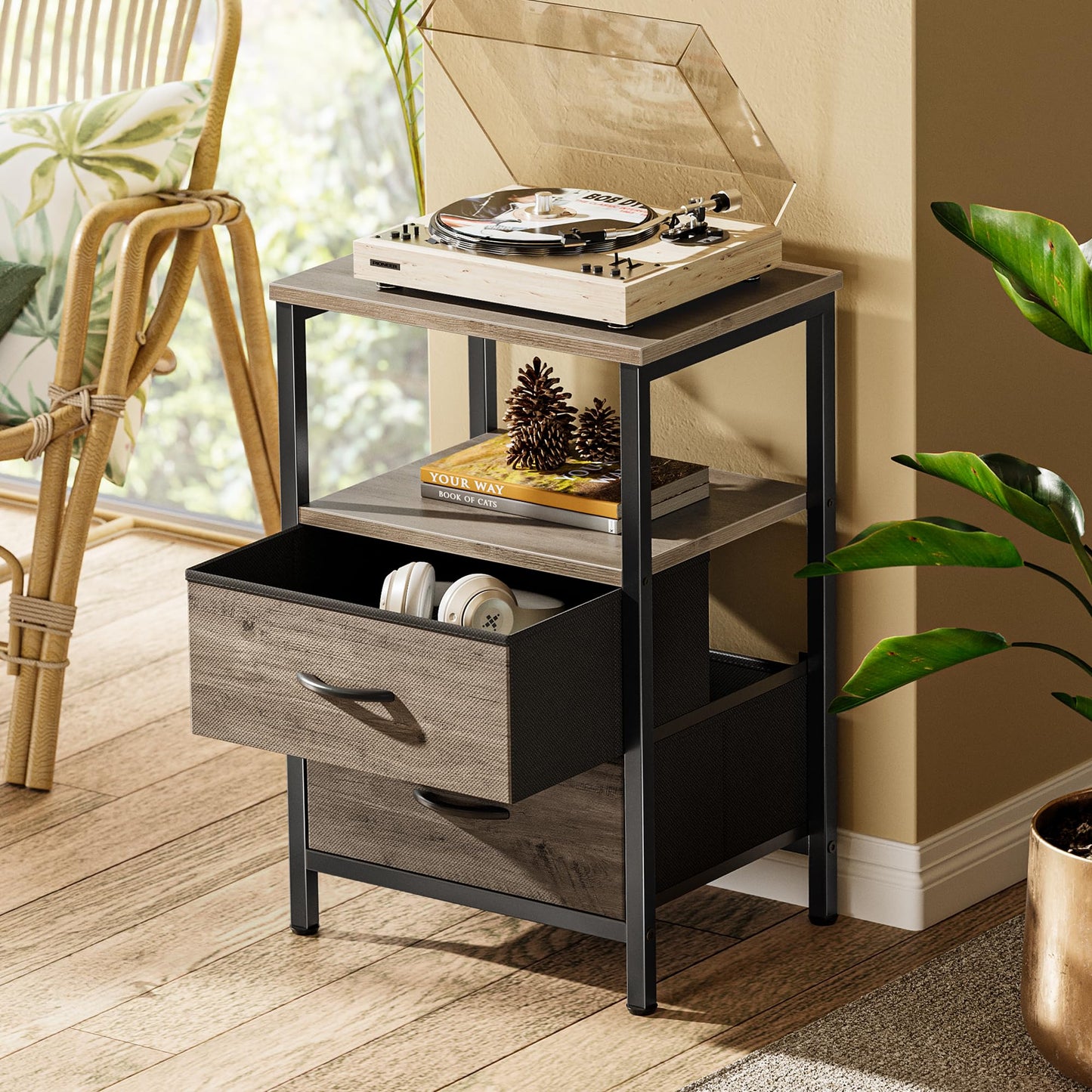 Huuger Night Stand Set of 2, Nightstand with 2 Drawers, Bed Side Table with Open Shelf, Wooden Top, End Table, Fabric Drawer with Oak Wooden Print Surface, for Bedroom