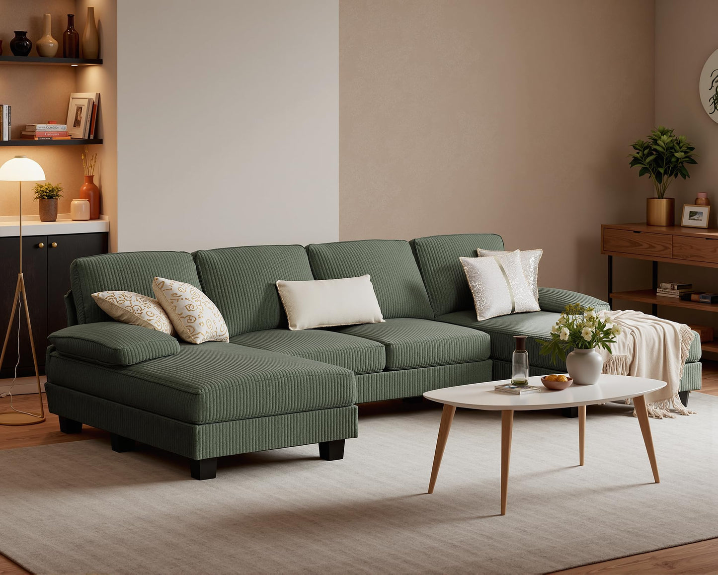 Furniwell Convertible Sectional Sofa Couch, 4 Seat Sofa Set for Living Room U-Shaped Modern Fabric Modular Sofa Sleeper with Double Chaise & Memory Foam (Corduroy, Deep Green)