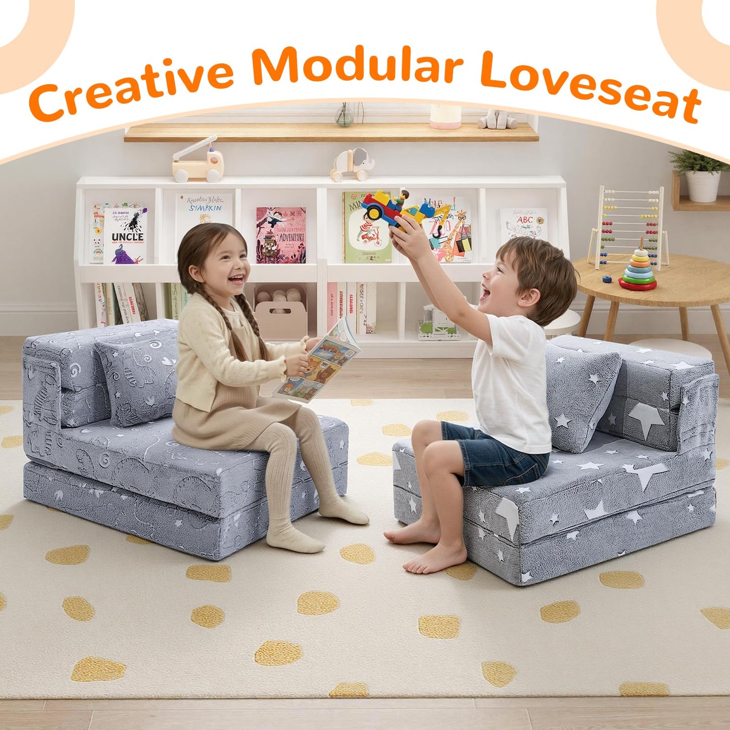 MeMoreCool Kids Tri-Fold Sofa Bed – Glow Star Floor Mattress & Foldable Futon Chair Convertible Toddler Couch | Soft Plush Lounge Mat | Playroom Furniture | Includes Pillow