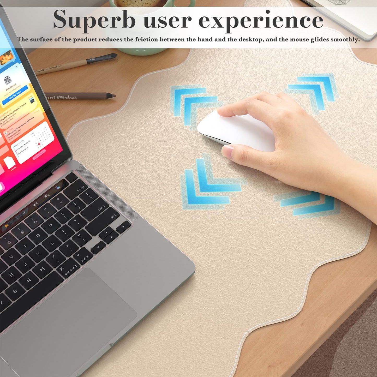 iCasso Leather Mouse Pad,Extra Large Desk Pad,Cute Scalloped Computer Mat for Desktop,Non-Slip Nail Mats with Stitched Edges,Waterproof PU Desk Protector Pad for Office Home Dorm