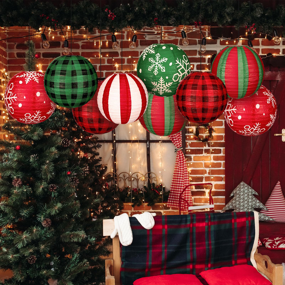 Bencailor 12 Pcs Summer Christmas Hanging Paper Lanterns Set Xmas Decorative Party Round Hanging Lamps for Summer Xmas Home Decoration Supplies Props Holiday Decor(12 Inch,Snowflake)