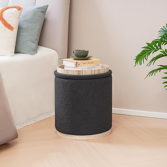 PINPLUS Round Ottoman with Storage Set of 2, Storage Ottoman with Tray