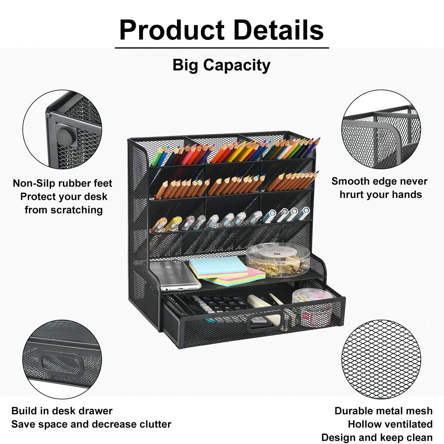 Marbrasse Mesh Pen Holder for Desk, Multi-Functional Pencil Organizer with Drawer, Desk Organizers and Accessories for Office Art Supplies (Large Black)
