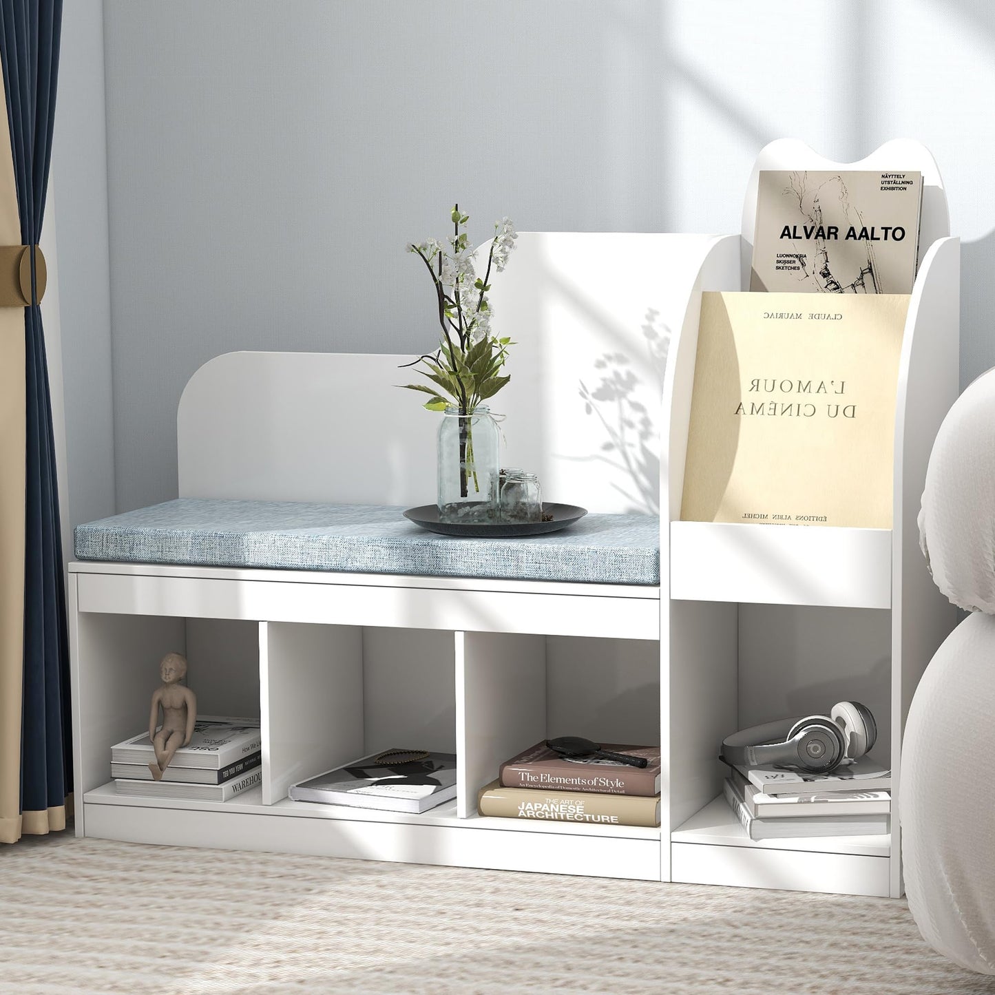 TaoHFE Reading Nook for Kids with 4 Storage Cubes and Cushion, Kid Bench with Kids Bookshelf and Toy Storage, Multifunctional Kids Reading Nook for Living Room, Kid Room, Nursery, White