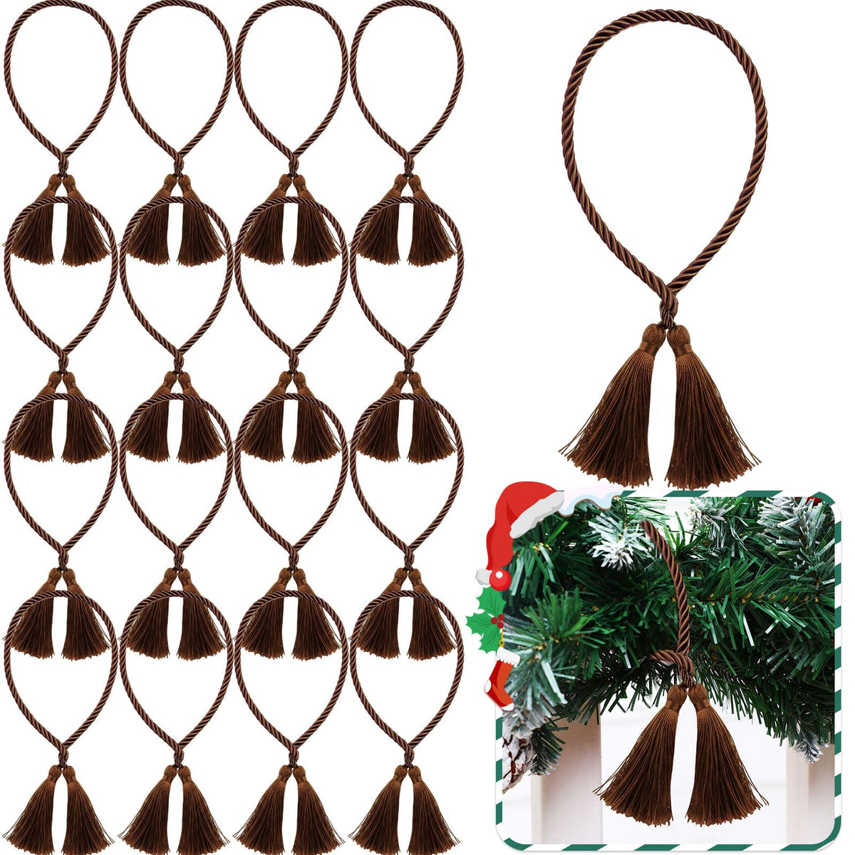 Zhengmy 15 Pcs 24 Inch Christmas Garland Ties with Tassels Decorative Twist Tie for Banister Reusable Flexible Twist Tie for Garland Fireplace Staircase Banister Home Xmas Holiday Decorations (Brown)