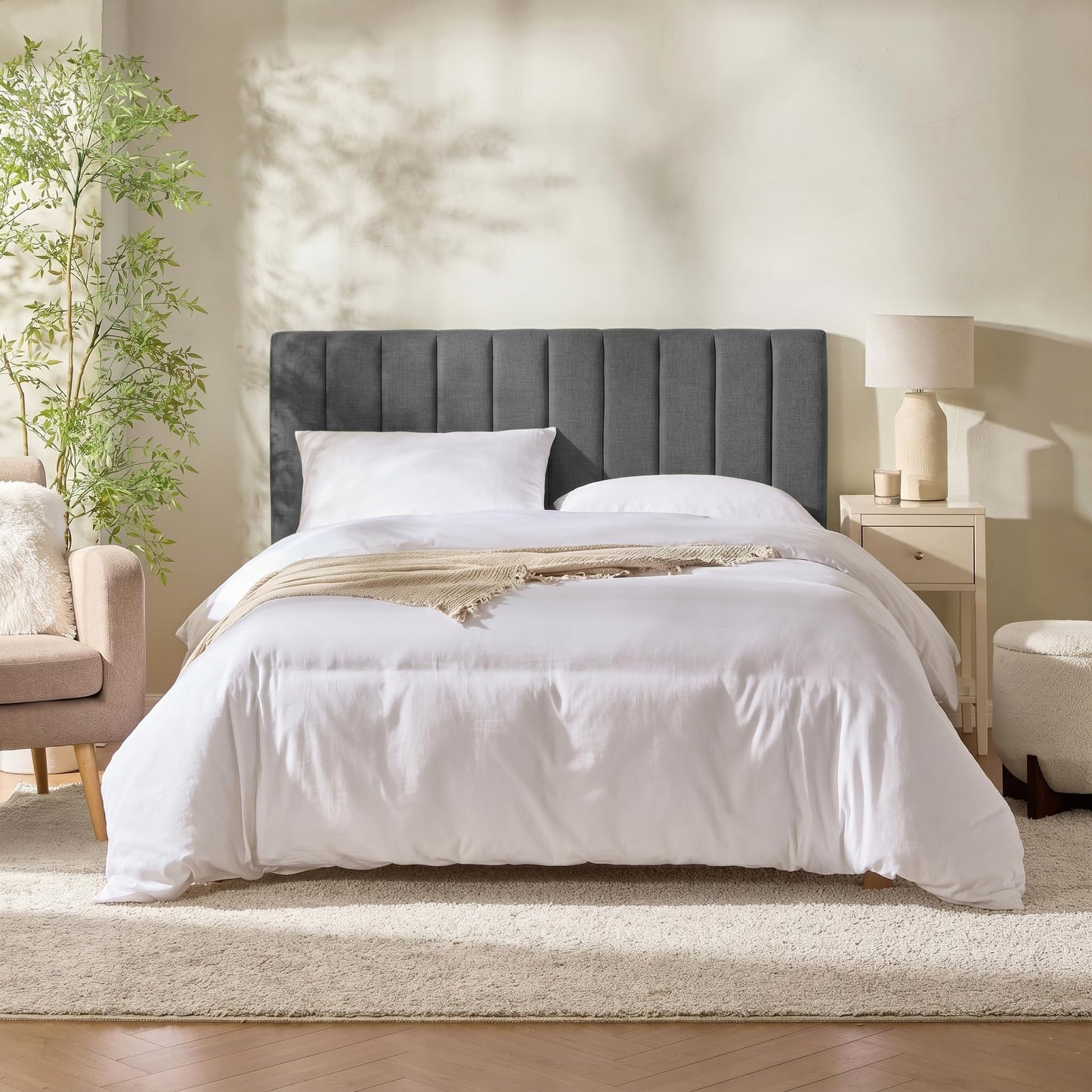 Hearth & Harbor Upholstered Queen Headboard - Easy Assemble Channel Stitched Headboard Queen Size - Wall Mounted Headboards with 3D Soundproof Wall Panels Peel & Stick Floating Headboards, Grey
