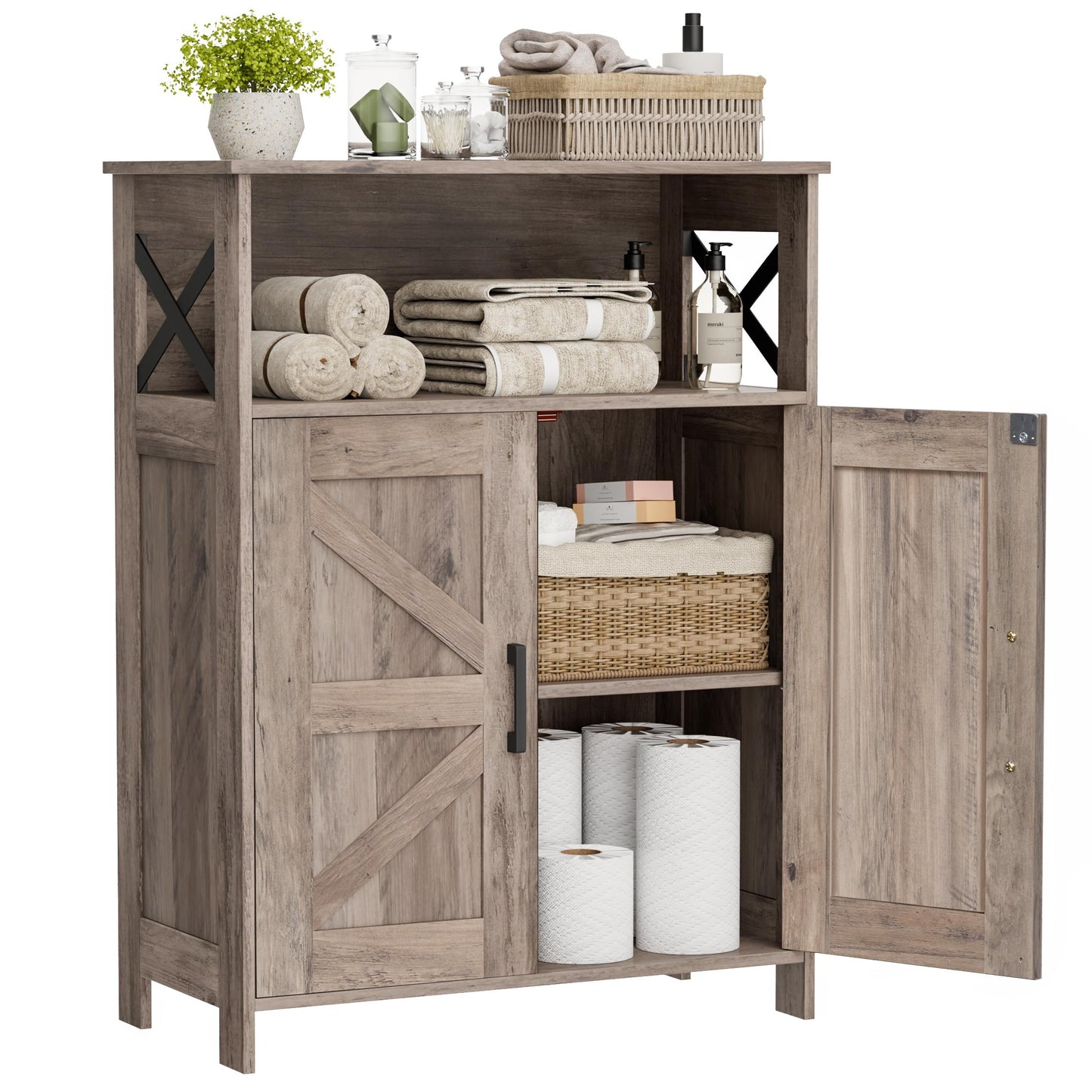 Homhedy Farmhouse Bathroom Storage Cabinet with 2 Doors, Toilet Paper Cabinet with Adjustable Shelf, Small Bathroom Cabinet for Kitchen/Laundry/Living Room, 11.8 x 23.6 x 31.5 Inches, Greige