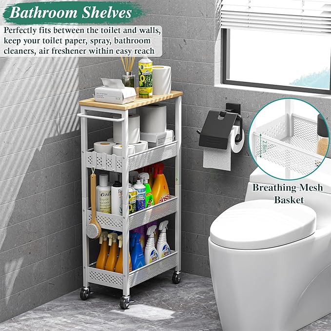 OKZEST Utility Slim Storage Cart, 4-Tier Narrow Bathroom Organizers and Storage