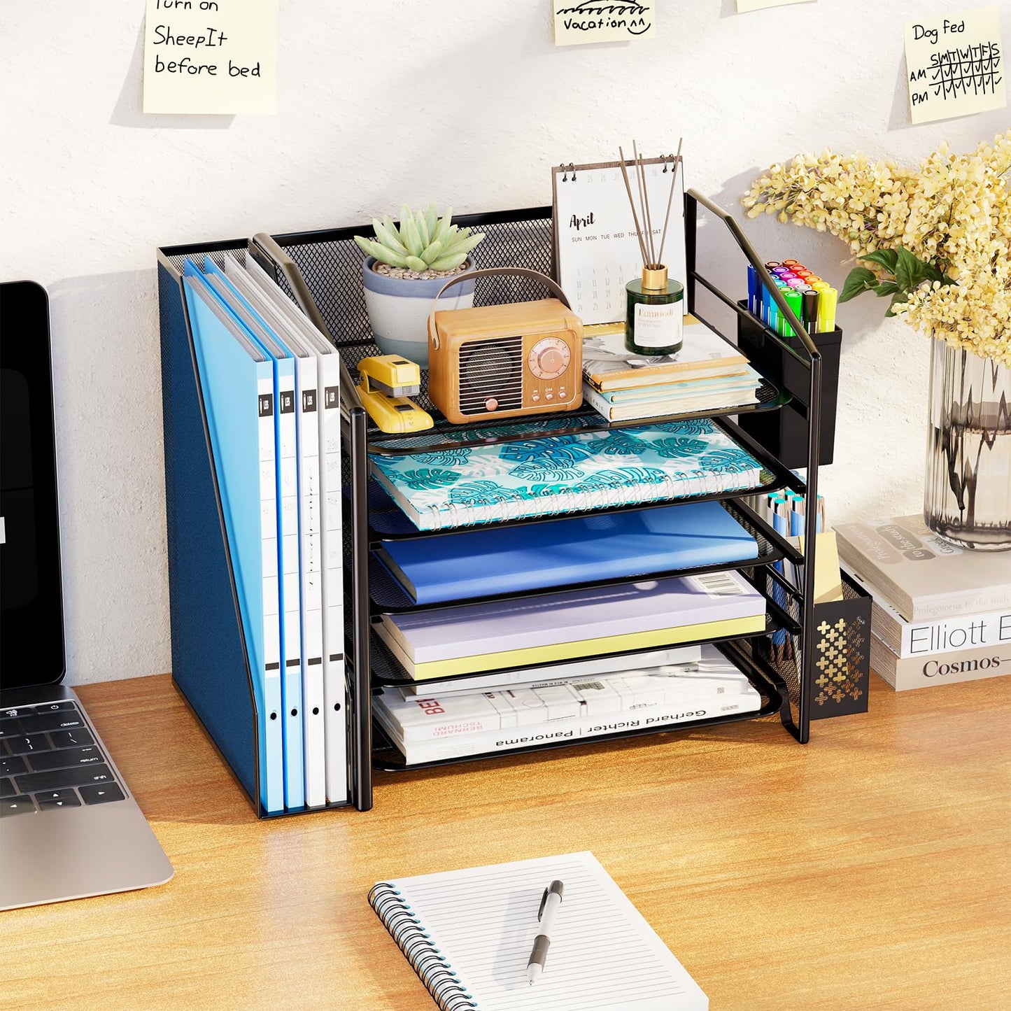 Simple Trending Desk Organizers and Accessories, 5-Tier Desk File Organizer, Paper Letter Tray Organizer with File Holder and Pen Container, Black