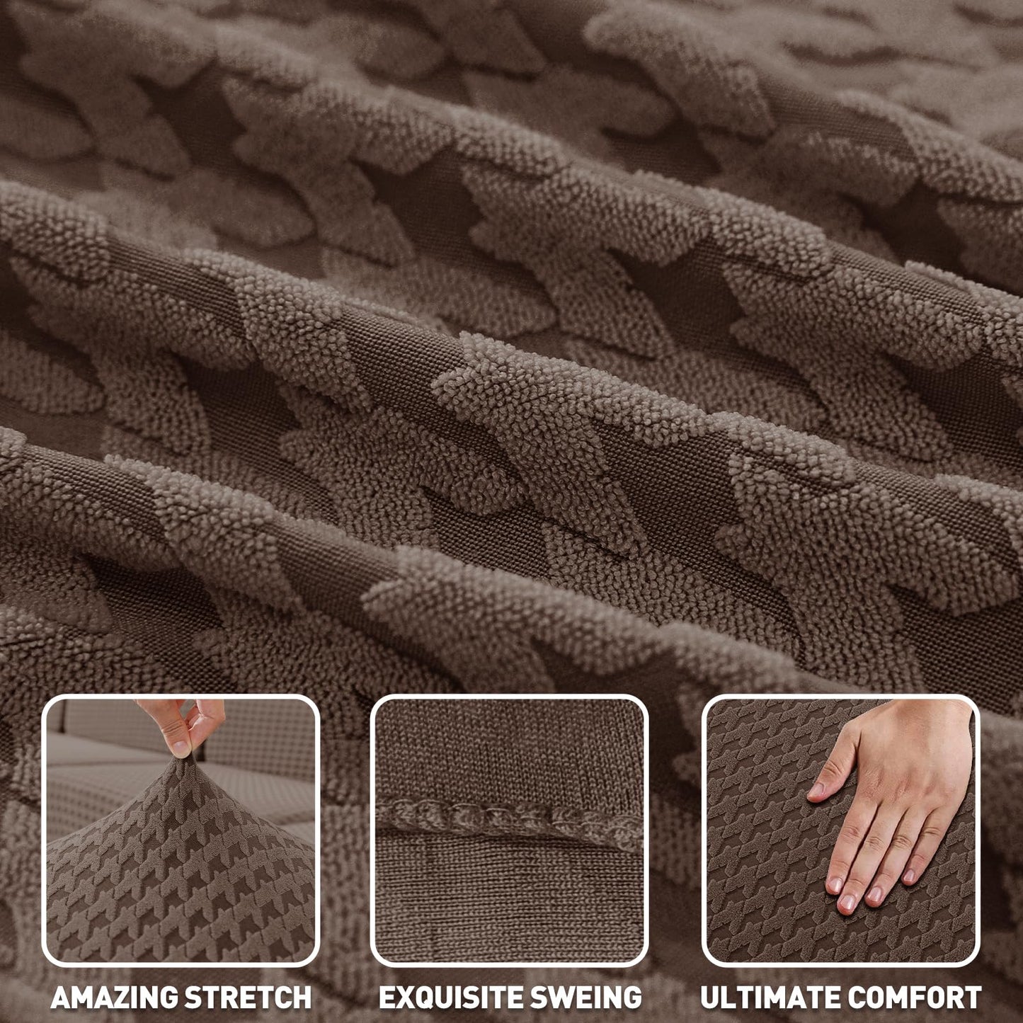 ZNSAYOTX Stretch Sectional Couch Covers New-Houndstooth Texture, Thick Slipcovers with Elastic Bottom for L Shape Sectional Sofa, 2 Pcs Pet Friendly Universal Protector (Chaise or Sofa), Brown