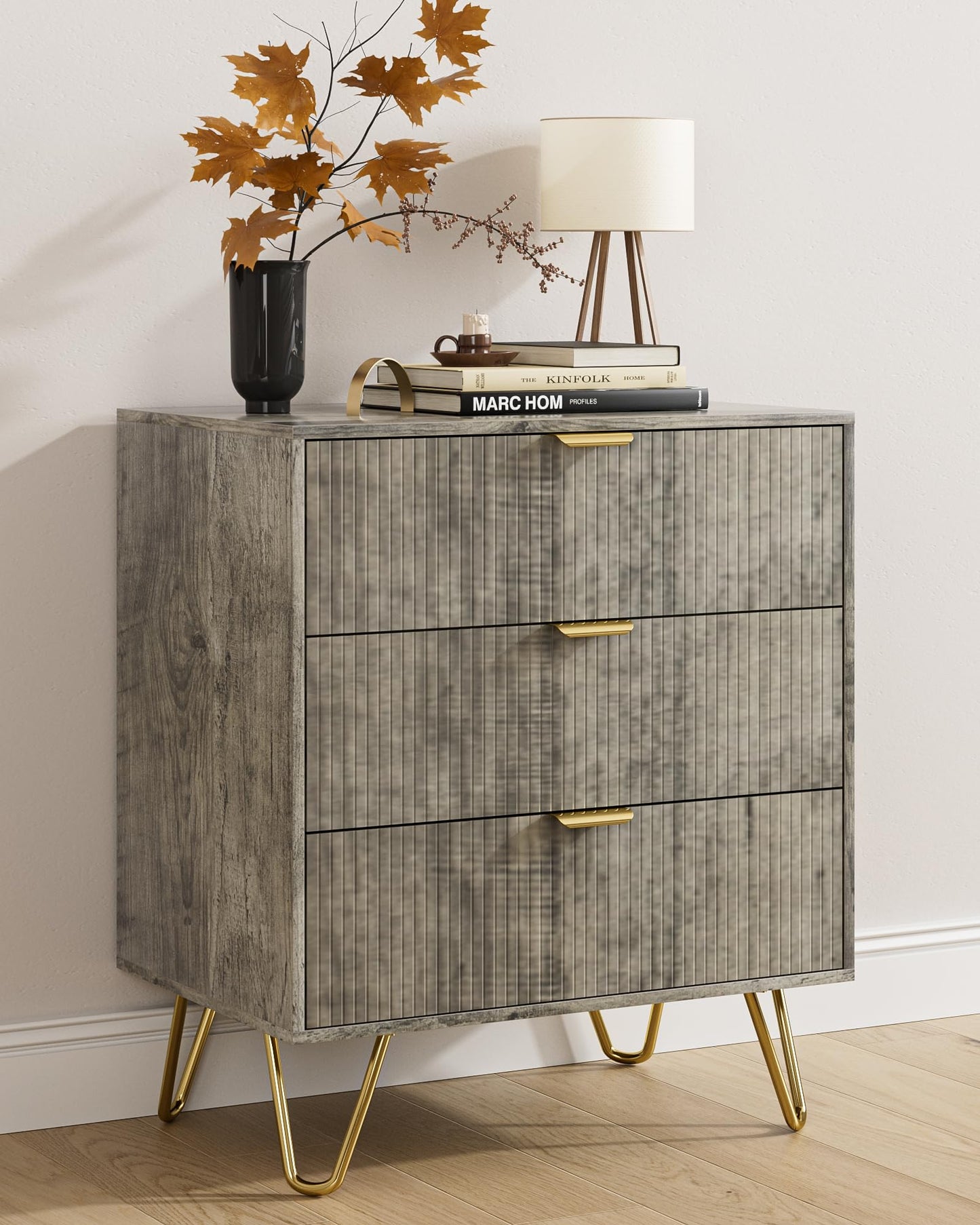 AEPOALUA Grey Dresser for Bedroom, Modern Fluted 3 Drawer Dresser with Storage, Dresser Chest of Drawers with Gold Handles for Bedroom, Living Room, Closet, Hallway, 15.8" D x 23.6" W x 27.6" H