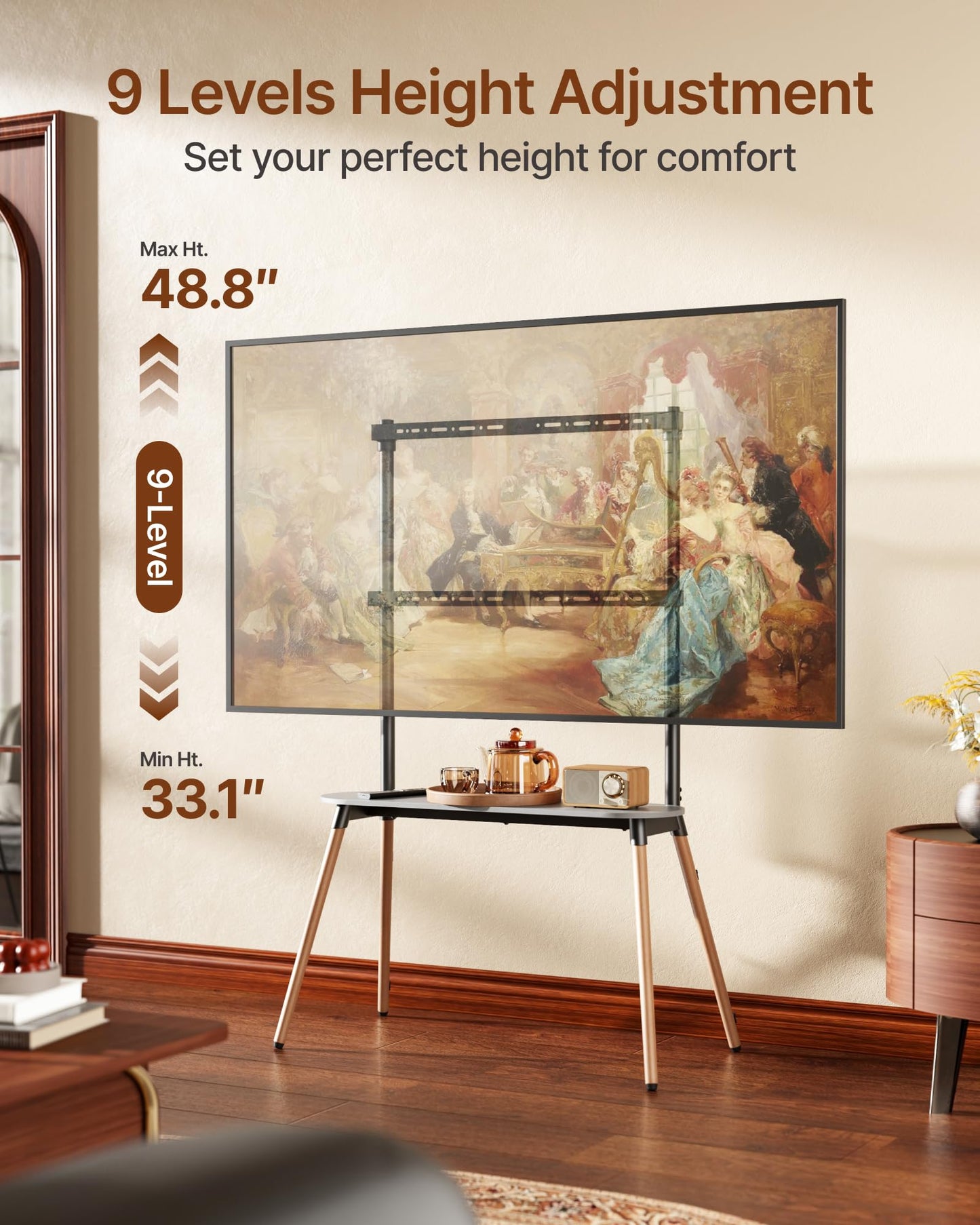 ECOTINY Easel Floor TV Stand with Storage for 49-86 inch TVs, Height Adjustable 4-Leg Universal TV Stand with Cable Management & Protective Pads, Holds 110 lbs for Living Room, Office, School, Black