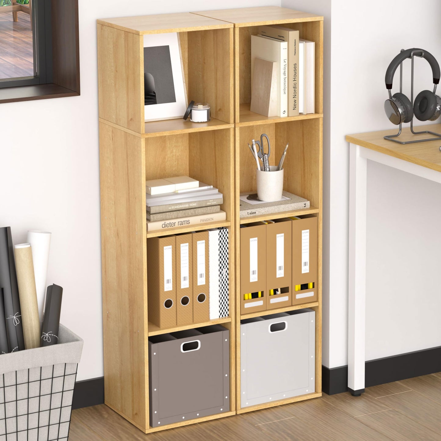 NewBeth 4 Cube Storage Organizer, 4 Tier Cube Low Bookcase Freestanding Storage Display Organizer, Four-Cubes Open Shelf Bookshelf for Home Office (Oak, 4-Cube)