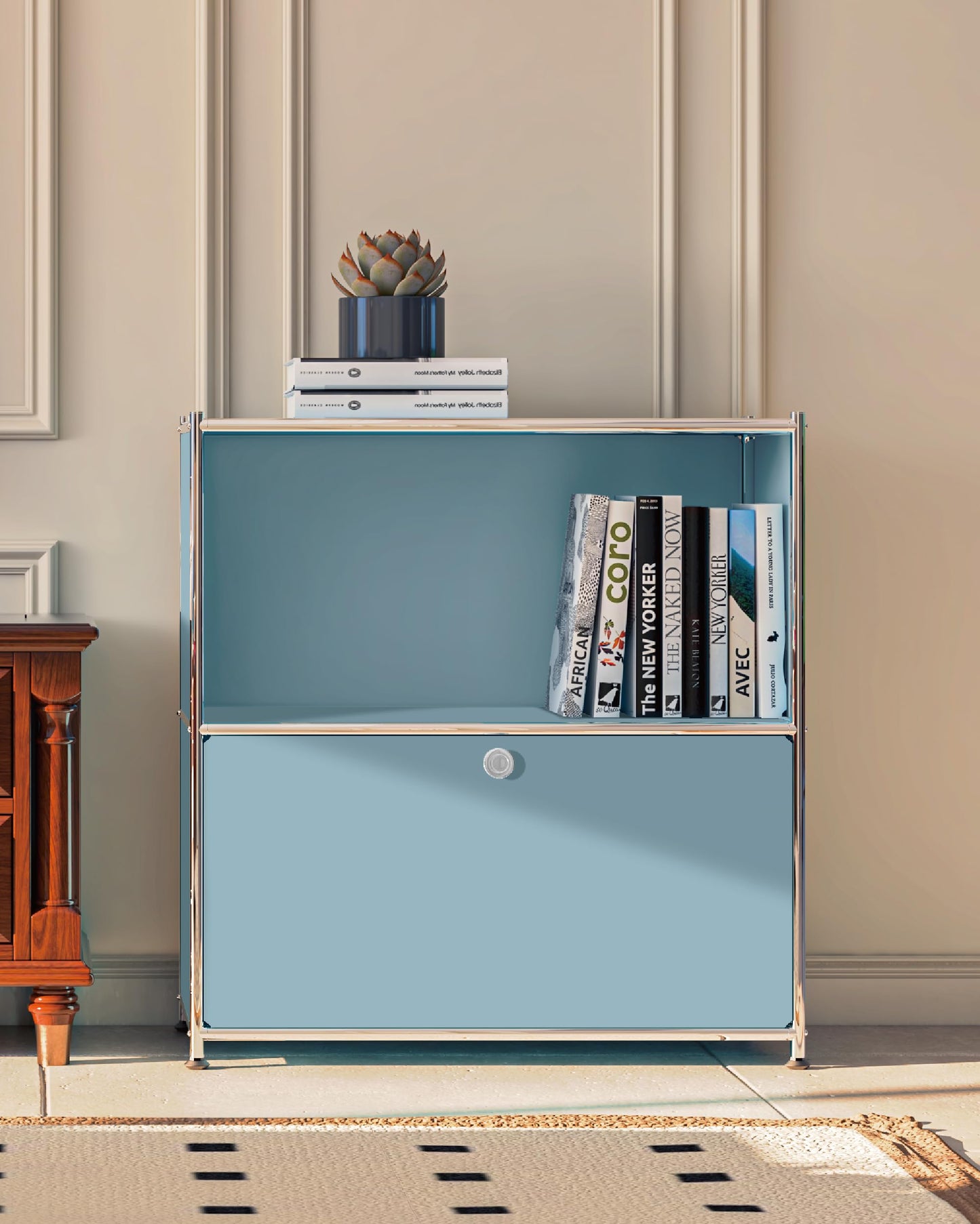 Simplink 32.5-Inch Flip-Top Side Table & Buffet Cabinet with Detachable Wheels, Ample Storage, DIY Corner Bookshelf, Wall Shelf, Cube Organizer, Bedside Table – Modern Home Decor, Blue