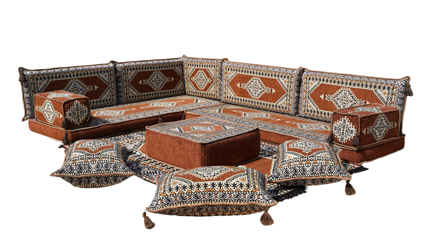 L Shaped Arabic Floor Cushions, Sectional Sofas, Arabic Majlis Set, Custom Made Sofa, Arabic Sofa Set, Seating Cushions (4'' Thickness Sofa, L Sofa Full Set, Brown)