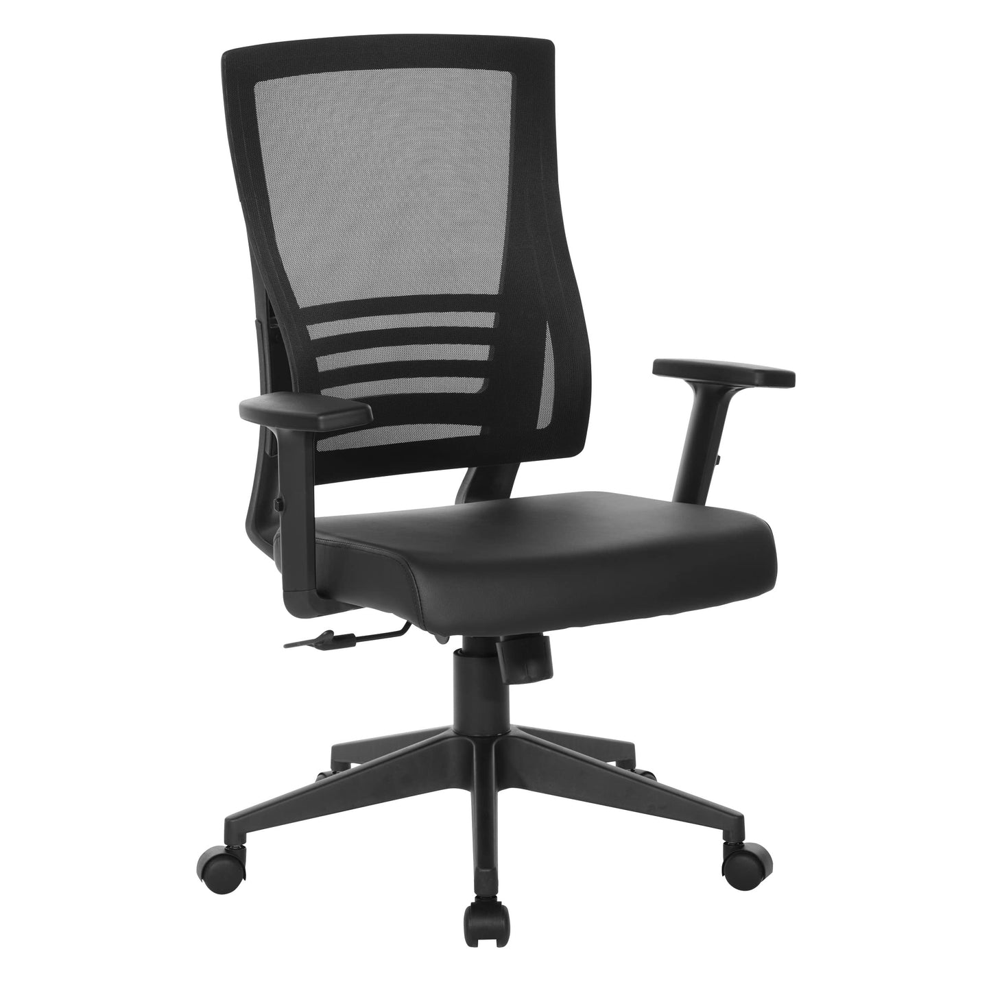 Office Star Mesh Back Office Chair with 2-to-1 Synchro Tilt Control and Adjustable Padded Arms, Black Faux Leather with Black Frame