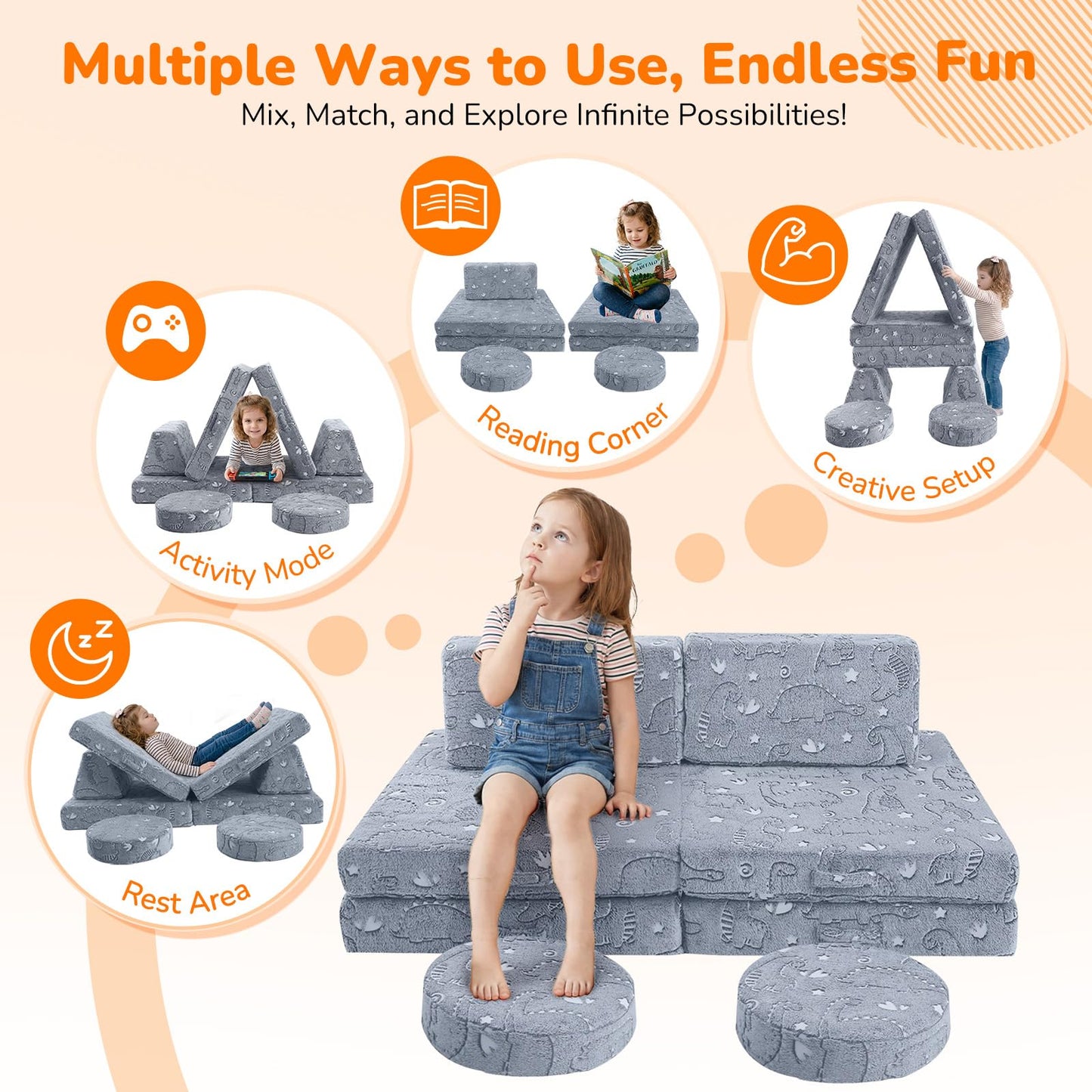 MeMoreCool Kids Couch, Glow in the Dark Dinosaur Foam Play Couch, Ages 3+
