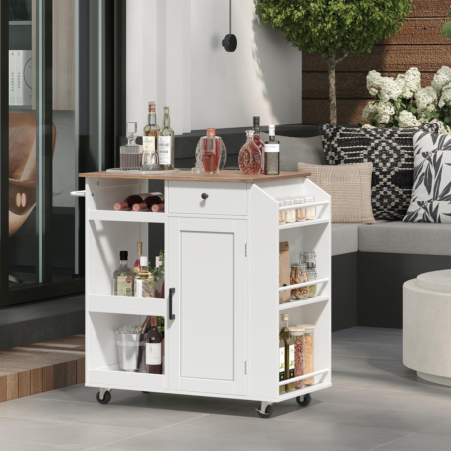 MAHANCRIS Kitchen Island with Power Outlet, Kitchen Storage Island with Drawer, Rolling Kitchen Cart on Wheels, Spice Rack, Towel Rack, Wine Rack, for Dining Room, White and Walnut KIBZ122E01