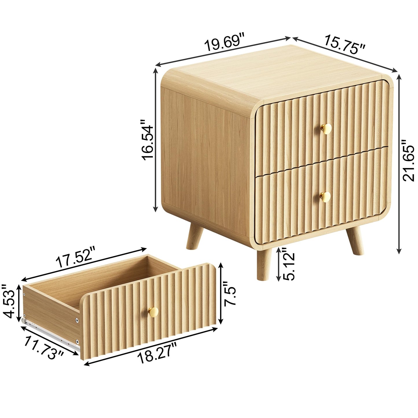 Decofy Fluted Nightstands with 2 Drawers, 19.7'' Wide Wood End Table with Curved Profile Design, Mordern Beside Table with Metal Handle for Bedroom, Oak