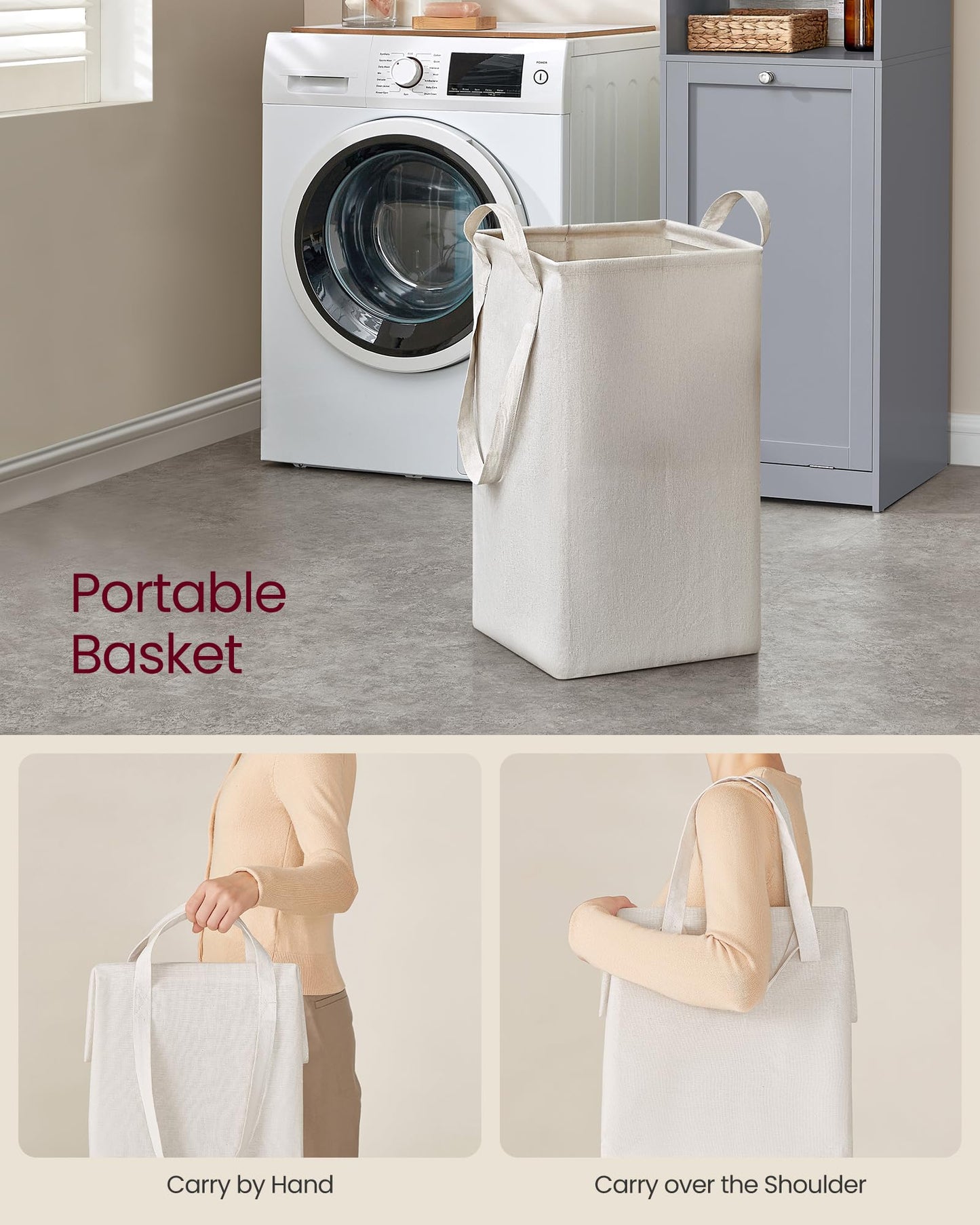 VASAGLE Tall Storage Cabinet, Storage Unit with Removable Laundry Basket, Compartment and Cabinet, for Bathroom, Living Room, 15.8 x 15.8 x 66.9 Inches, Dove Gray UBBC761G02
