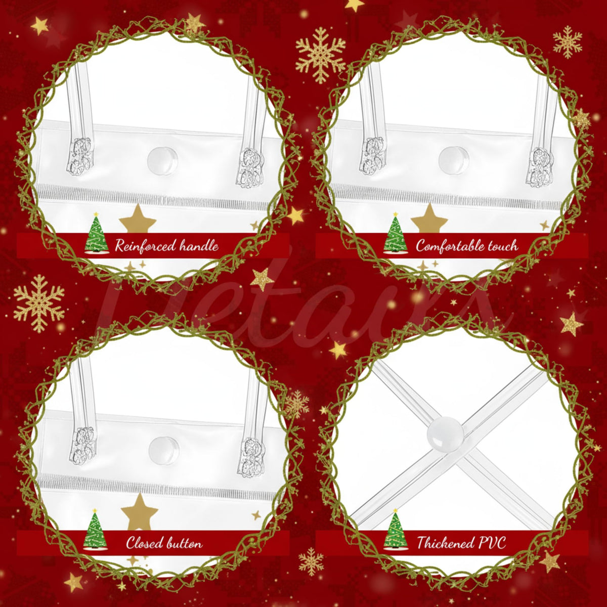 Henoyso 36 Pcs Gold Christmas Clear Gift Bags Plastic Goodie Candy Treat Bag with Handles PVC Gift Wrap Totes with Ribbon for Xmas Party Favors (7.8 x 7.8 x 3.1)