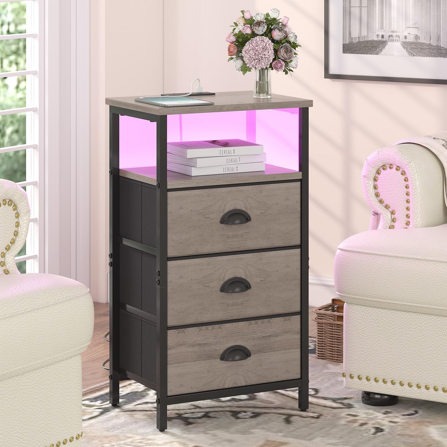 sthmec Nightstand with Charging Station,LED Nightstand with 3 Fabric Drawers, Bedside End Tables, 2-Tier Open Storage Shelf, Side Table Nightstand with Drawers for Bedroom,Grey