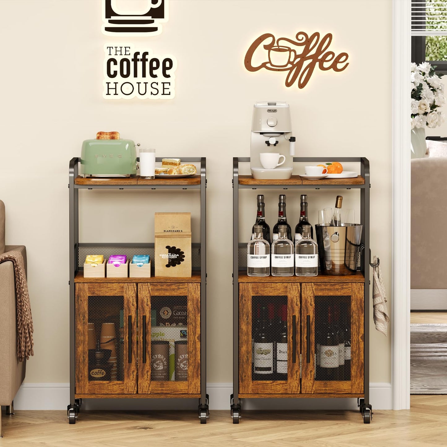 Hencawima Small Coffee Bar Cabinet with Storage, 3-Tier Rolling Coffee Bar Table, Farmhouse Coffee Cart Station with 2 Doors for Living Room, Dining Room, Rustic Brown