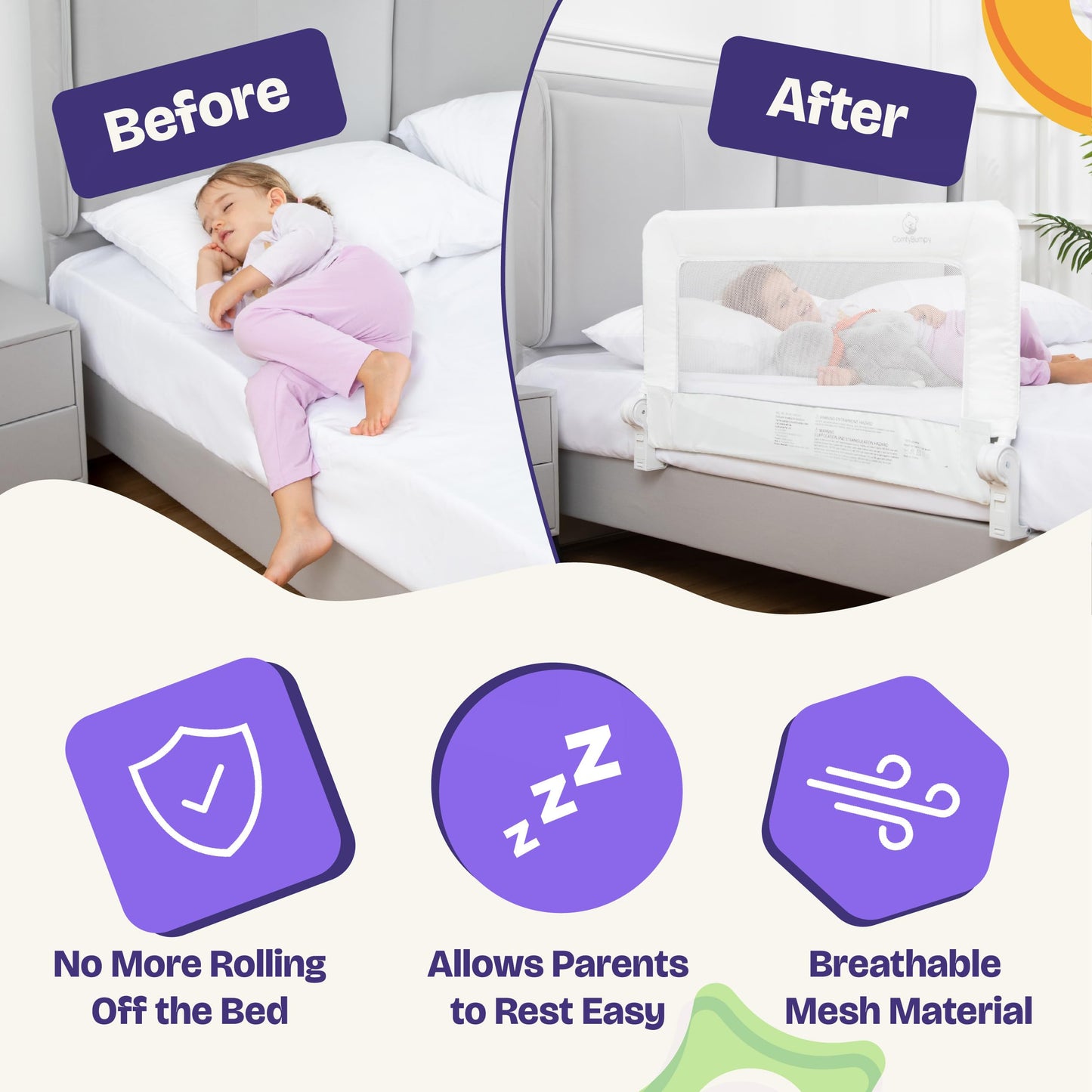 ComfyBumpy 2-Pack Bed Rail for Toddlers 35.5" L x 19.5" H | Toddler Bed Rails for Twin, Full & Toddler Mattress Size | Swing Down Rail Guard | Mattress Side Rail for Kids | White