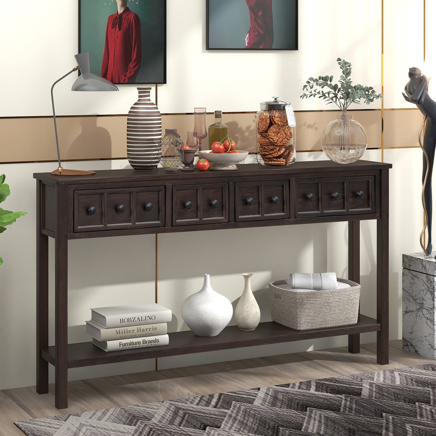 Merax Rustic Console Table for Hallway,Wood Narrow Sideboad with Drawers and Bottom Shelf for Entryway, Espresso