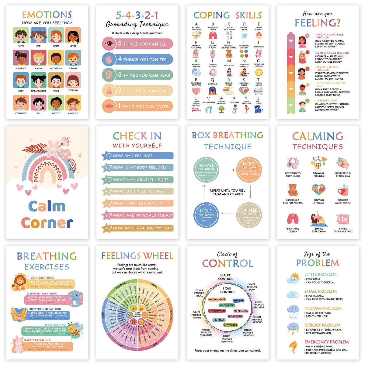 KIDS KING 12 Mental Health Posters, Therapy Office Decor, Counseling Office Must Haves School Counselor Supplies, Inspirational Positive Affirmations & Emotion Regulation Poster Wall Art Decor for Home Office Classroom (10"x14")