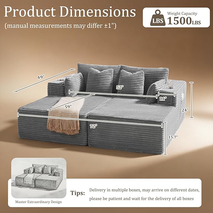 72" Cloud Sectional Couch, Comfort U Shaped Sofa
