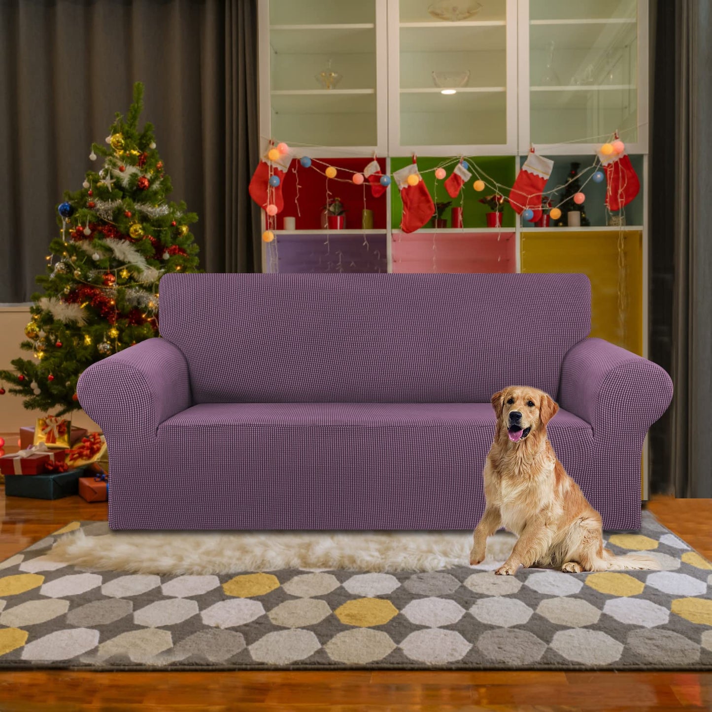 KEKUOU Stretch Loveseat Sofa Cover Slipcover,Couch Covers for 2 Cushion Couch Sofa (55"-78") Furniture Protector Sofa with Elastic Bottom for Kids,Dog. Jacquard Small Checked (Medium,Dark Purple)