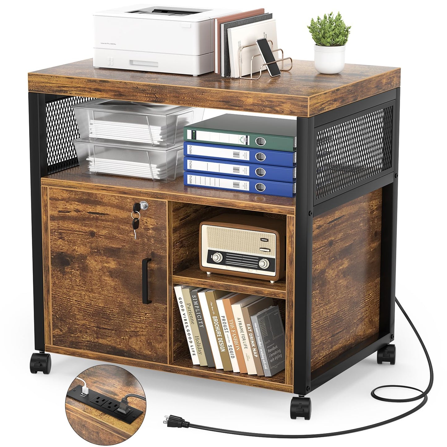 Unikito Rolling File Cabinet, Lateral Filing Cabinet on Wheels Mobile Office Printer Stand with Door and Open Storage Shelf for A4, Letter Size and Hanging File Folders, Lockable, Rustic Brown