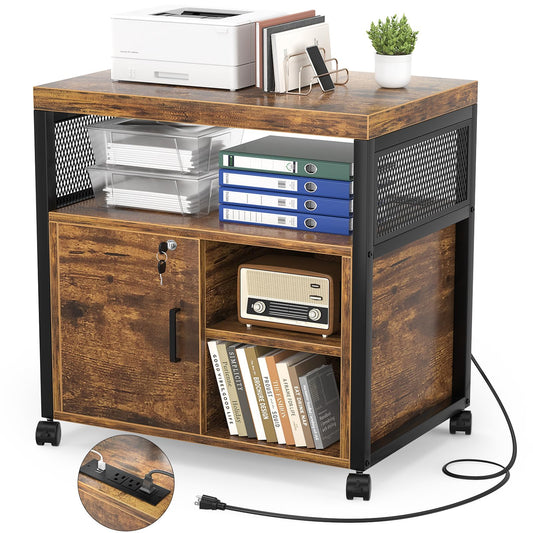 Unikito Rolling File Cabinet, Lateral Filing Cabinet on Wheels Mobile Office Printer Stand with Door and Open Storage Shelf for A4, Letter Size and Hanging File Folders, Lockable, Rustic Brown