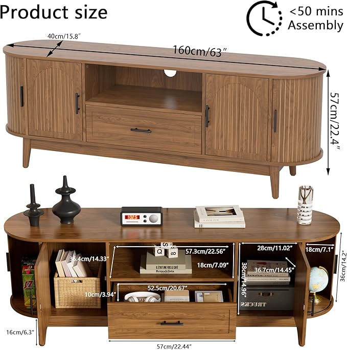 Mxtxmy 63" Fluted TV Stand for Tvs up to 70", Mid-Century Modern Entertainment