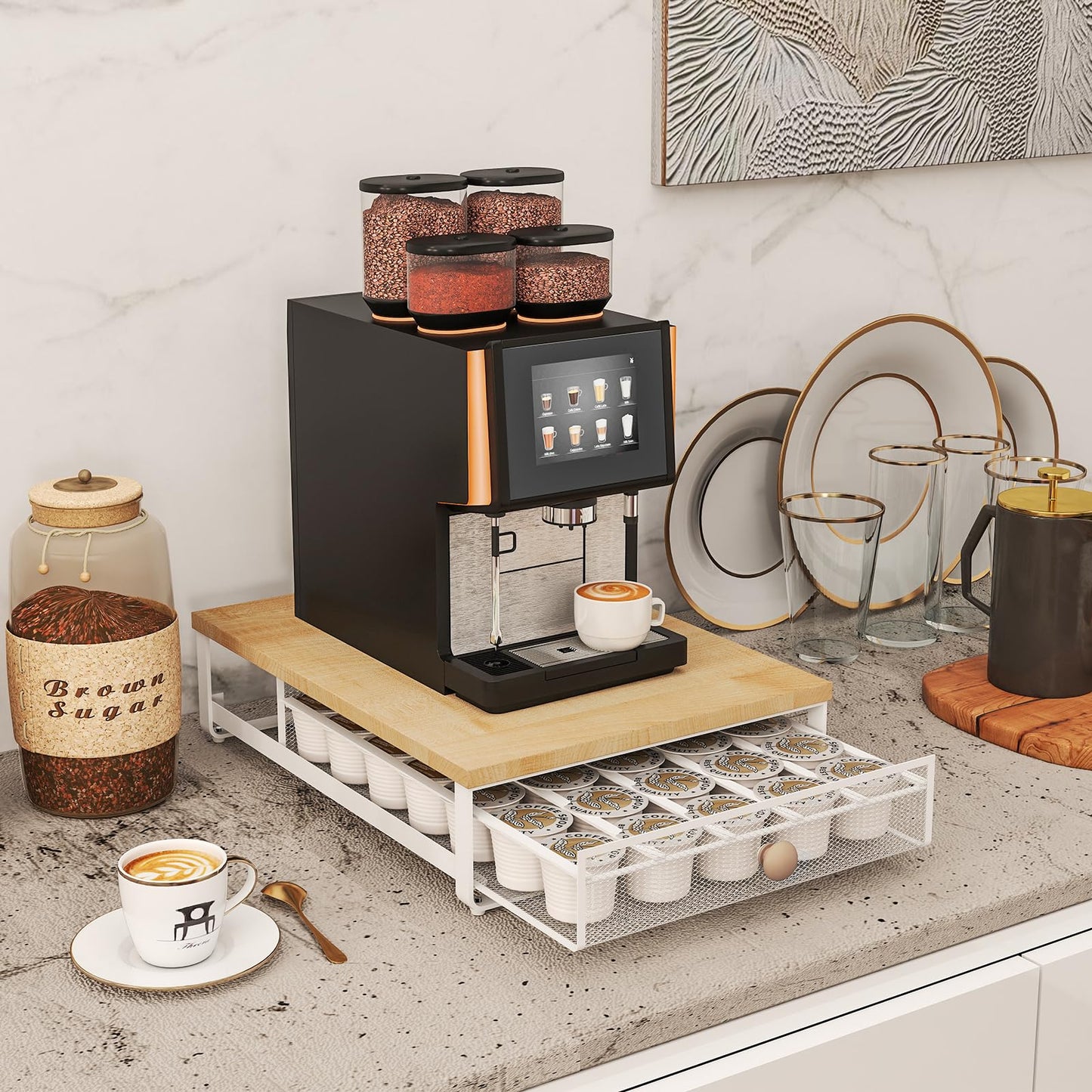 Sedegn Coffee Pod Holder Counter Coffee Vertuo Capsules Storage Organizer with Sliding Drawer Compatible For 35 K-Cup Pods No Assembly Needed Natural Colour