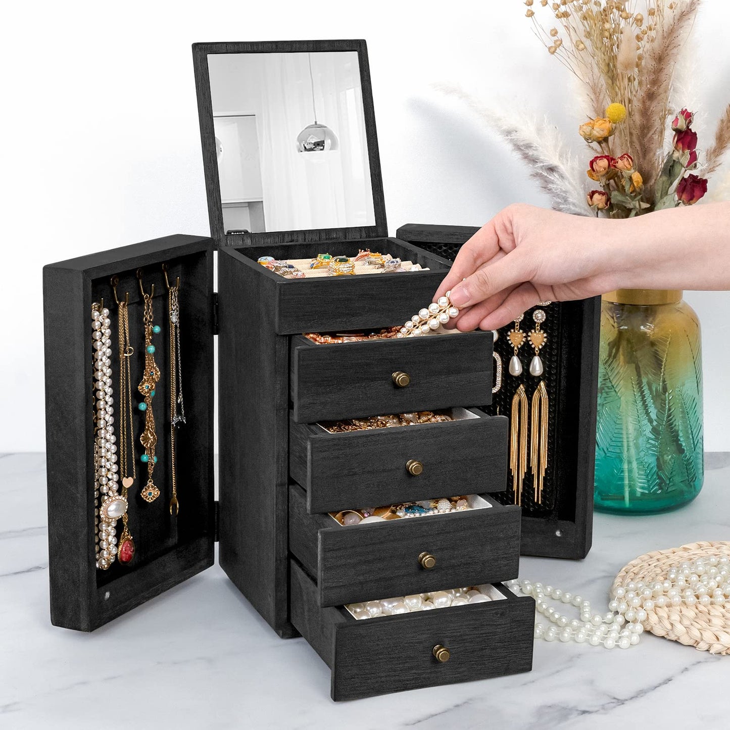 Meangood Jewelry Box Wood for Women, 5-Layer Large Organizer Box with Mirror & 4 Drawers for Rings, Earrings, Necklaces, Black