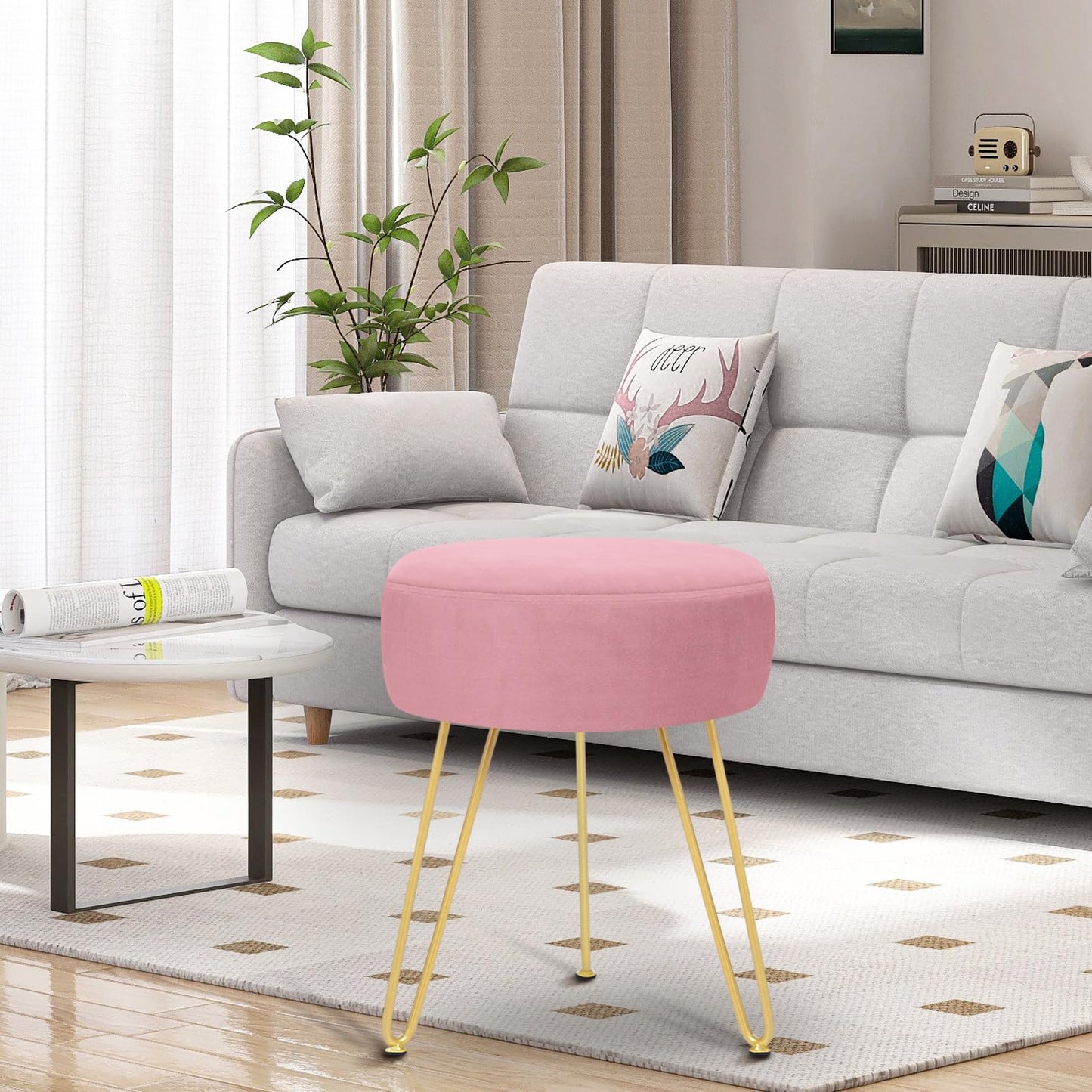 YOONIC Velvet Soft Modern Vanity Stool -Round Footrest Stool Ottoman Side Table Seat Dressing with Golden Metal Leg and Sponge Filling,Upholstered Foot Rest, for Living Room and Bedroom Pink