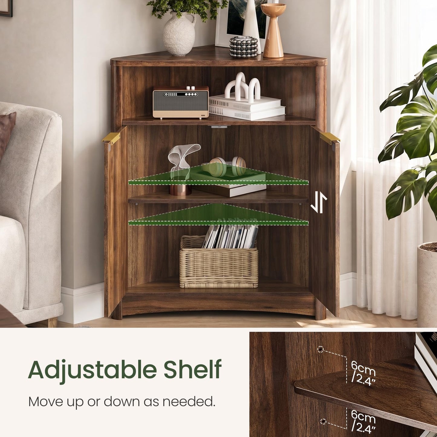 CHOEZON Corner Cabinet, Corner Storage with Fluted Panels and Adjustable Shelf, Modern Floor Cabinets for Small Spaces, Bathroom, Living Room, Kitchen, Walnut MCW23HT