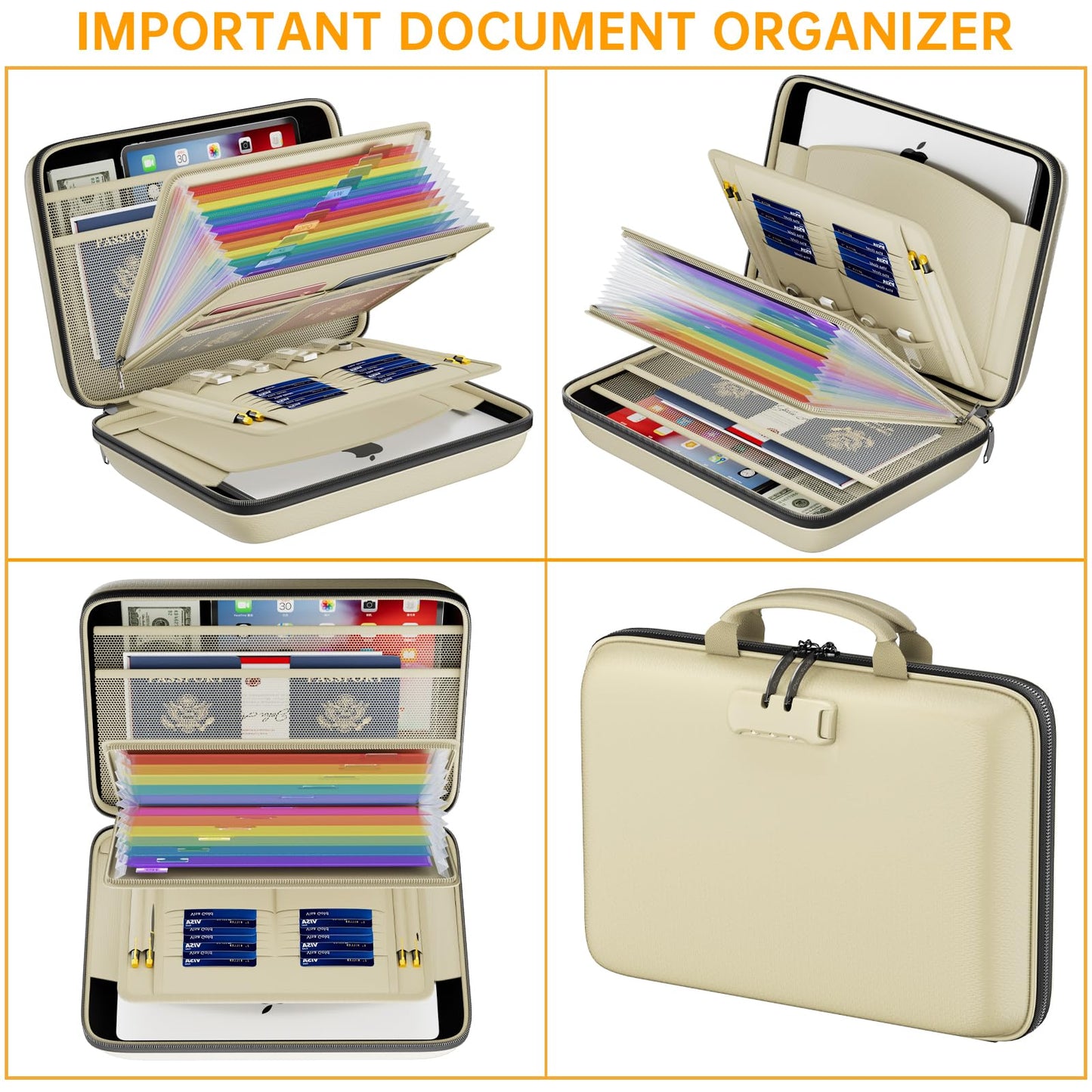 DocSafe Fireproof File Organizer with Lock, Hard-Shell Case Fireproof Document Box with 13 Pocket Accordion File Folder, Portable Home Office Travel Safe Storage for Important Documents Laptop Beige